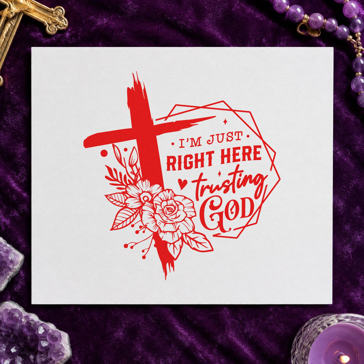 Trusting God Geometric Flowers rubber stamp shown in red ink, stamped for projects such as pantry jar labels.