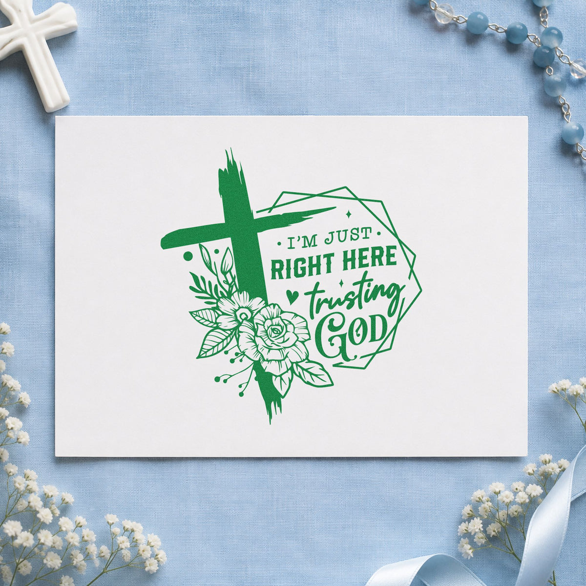 Trusting God Geometric Flowers craft stamp imprint in green ink on a handmade project, one idea being framed stair art.