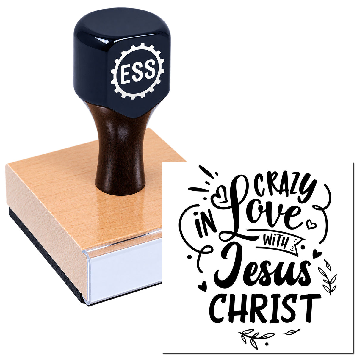 Black ESS rubber stamp with wooden base and white seal design reading "Crazy in Love with Jesus Christ"