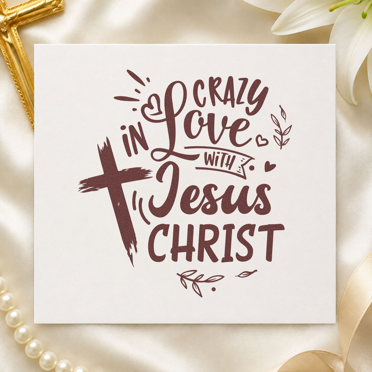 Crazy in Love Cross Left rubber stamp printed in brown ink, ready for prayer card stacks and similar paper crafts.