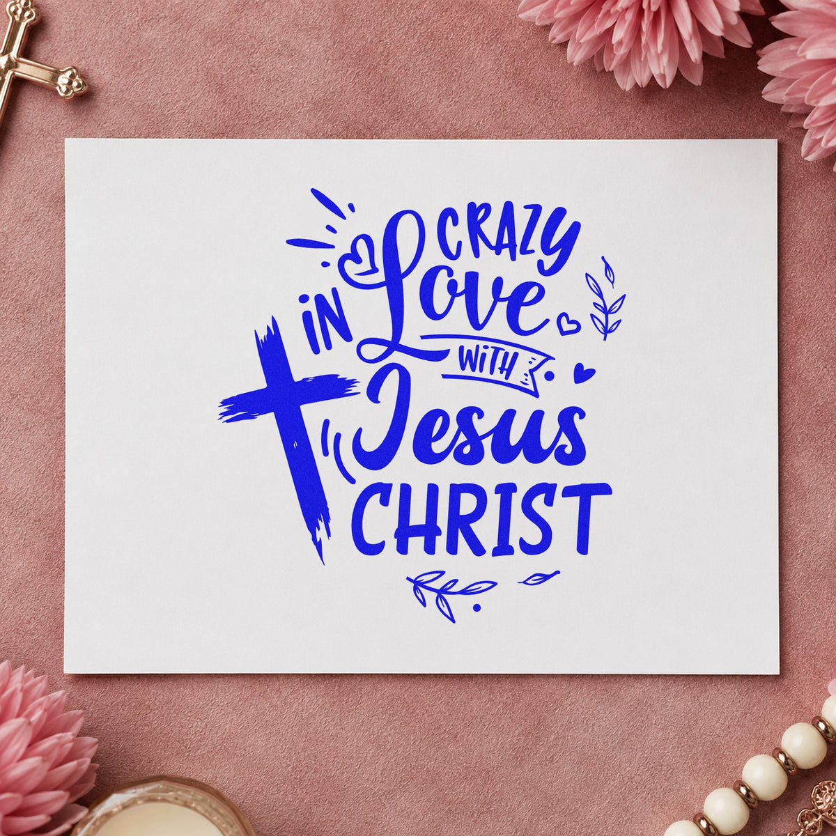 Crazy in Love Cross Left craft stamp in blue ink on cardstock, an easy option for ministry team tees.