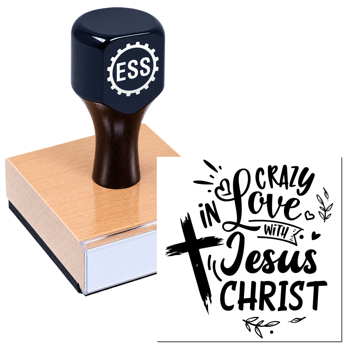 Black ESS stamp and seal on a wooden block, with bold black "Crazy in Love with Jesus Christ" lettering.