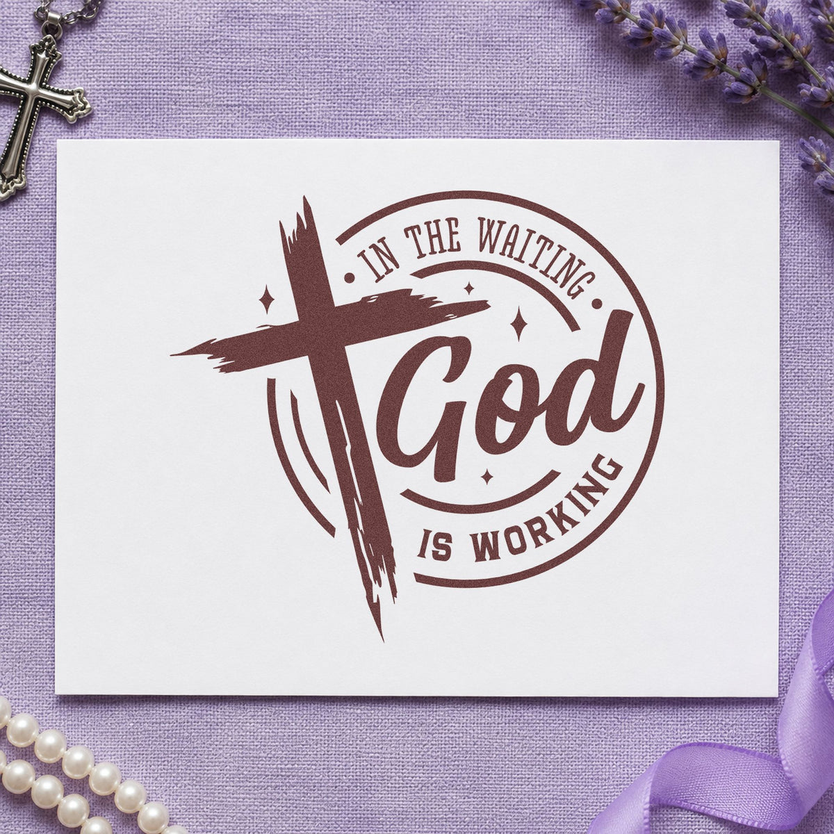 In the Waiting God Works Badge rubber stamp printed in brown ink, ready for slow project pages and similar paper crafts.