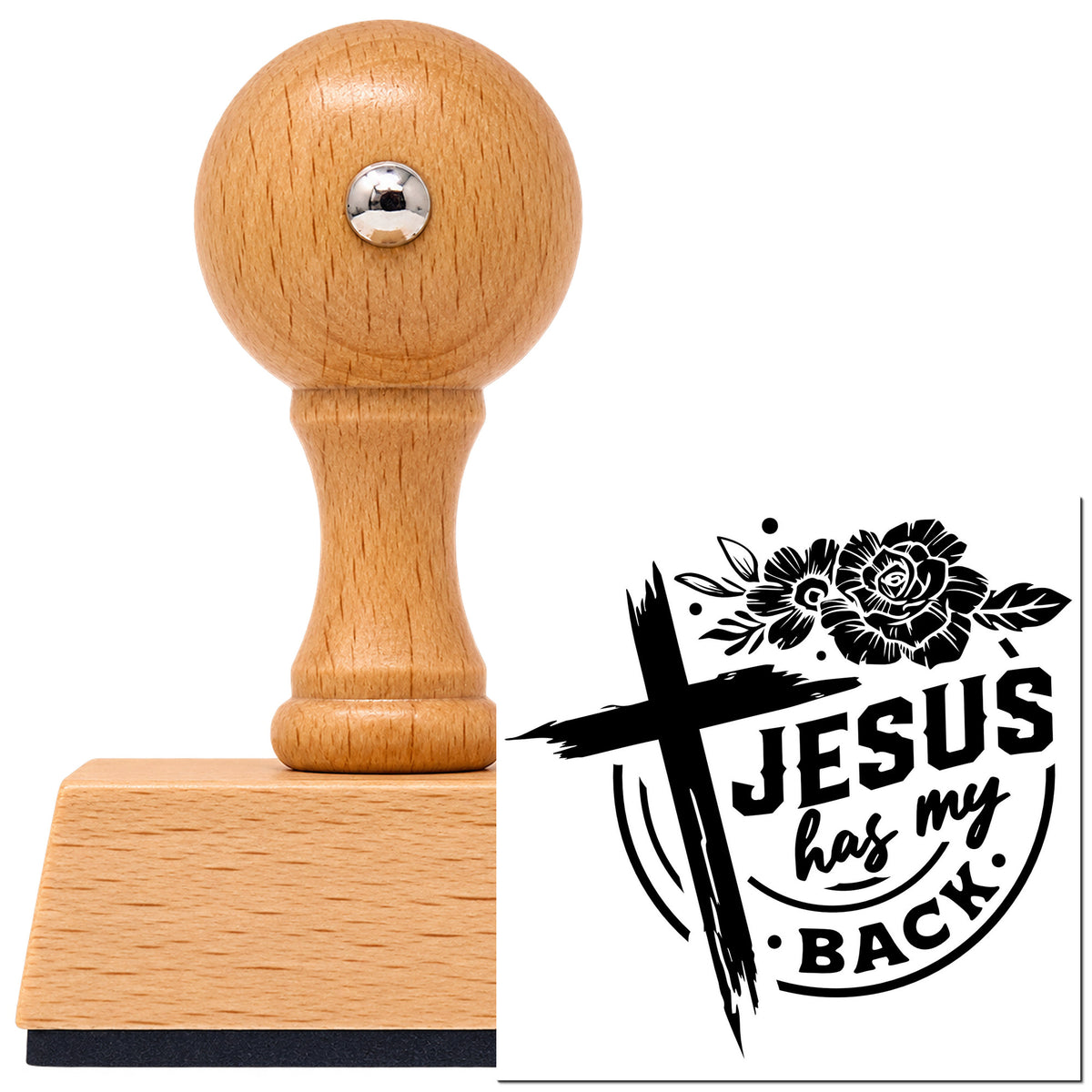 Vintage Pro beech wood stamp with a round knob handle, shown with its black Jesus Has My Back Rose Emblem imprint on white.