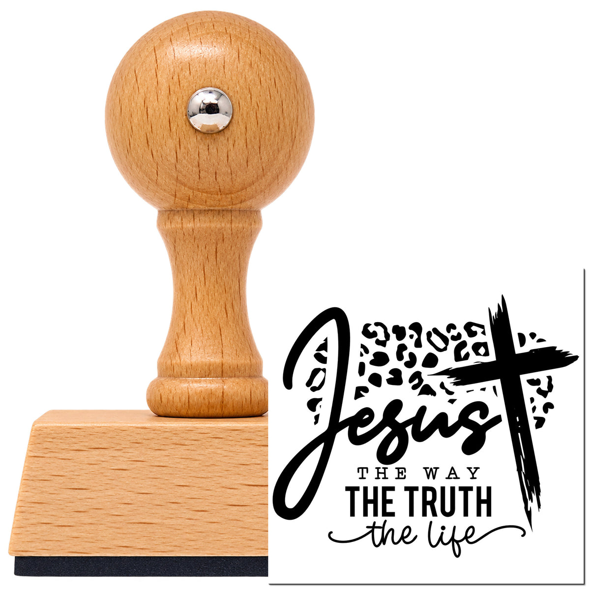 Vintage Pro beech wood stamp with a round knob handle, shown with its black Leopard Cross Jesus Way Truth Life imprint on white.