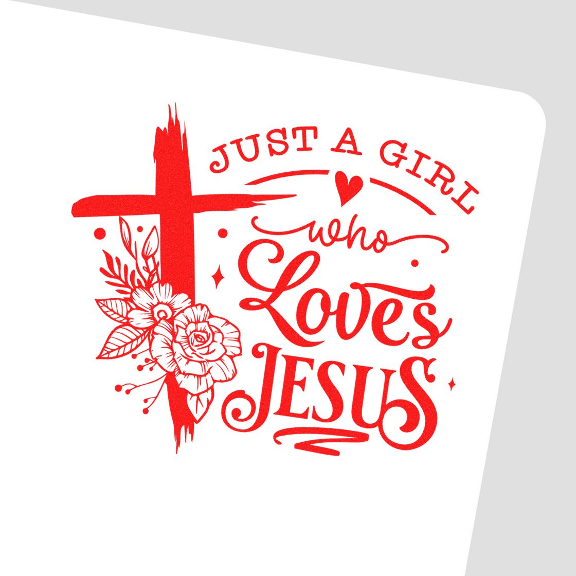 Red stamp-style seal design with cross, flowers, and Just a girl who loves Jesus in decorative red lettering.