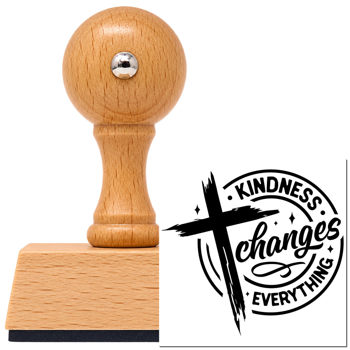 Vintage Pro beech wood stamp with a round knob handle, shown with its black Kindness Changes Everything imprint on white.