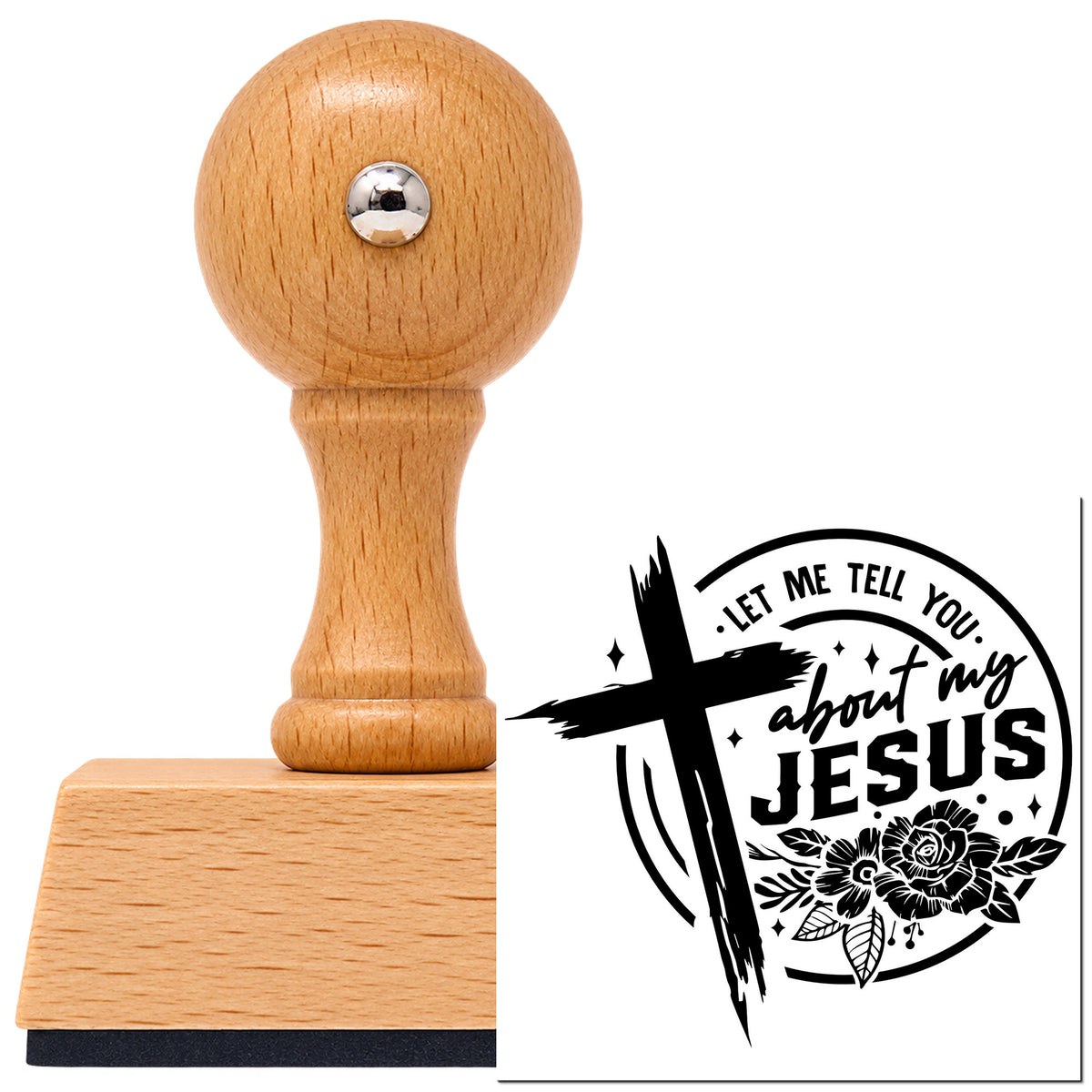 Vintage Pro beech wood stamp with a round knob handle, shown with its black Let Me Tell You About Jesus imprint on white.