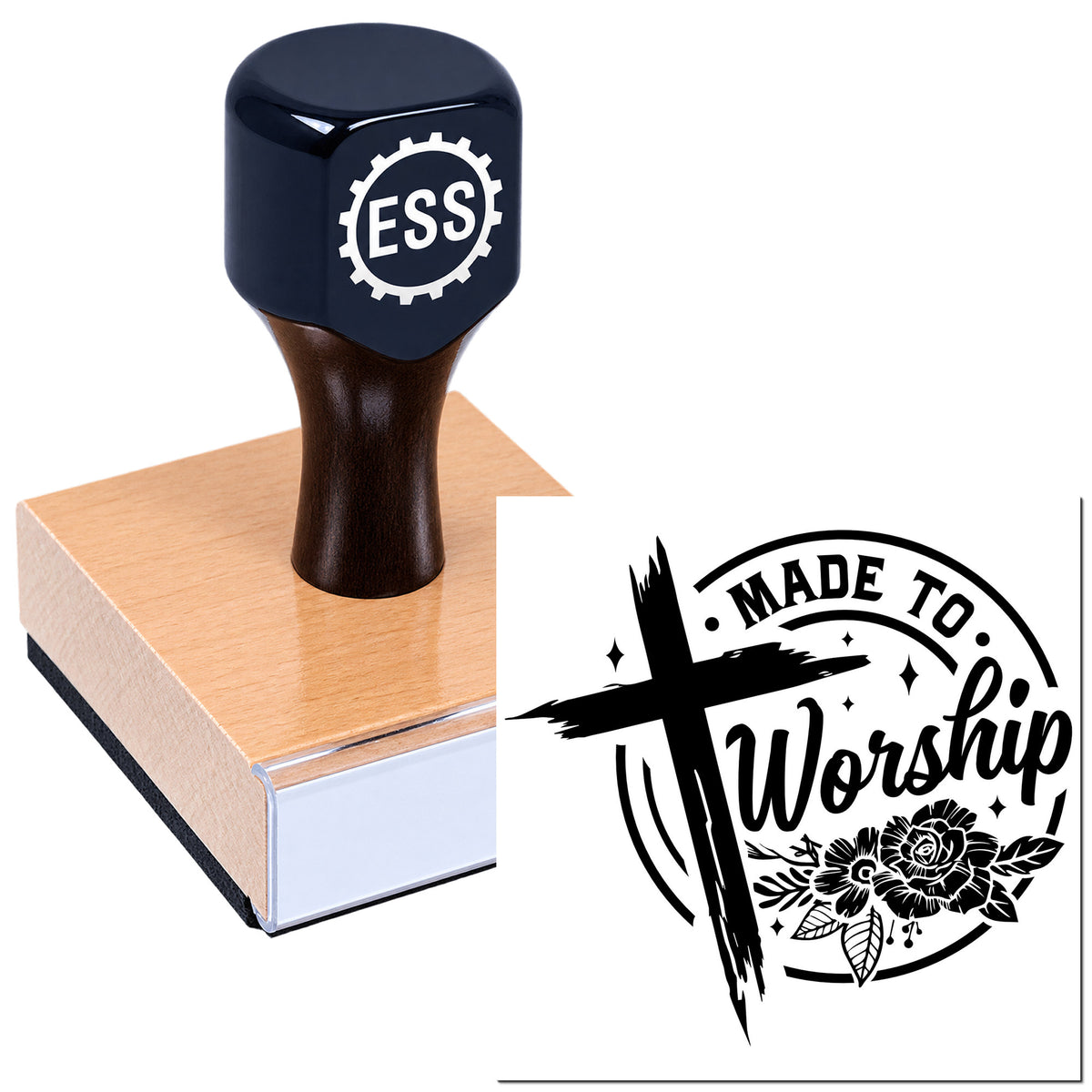 Black ESS stamp on a wood block and black "Made to Worship" seal with floral cross design.