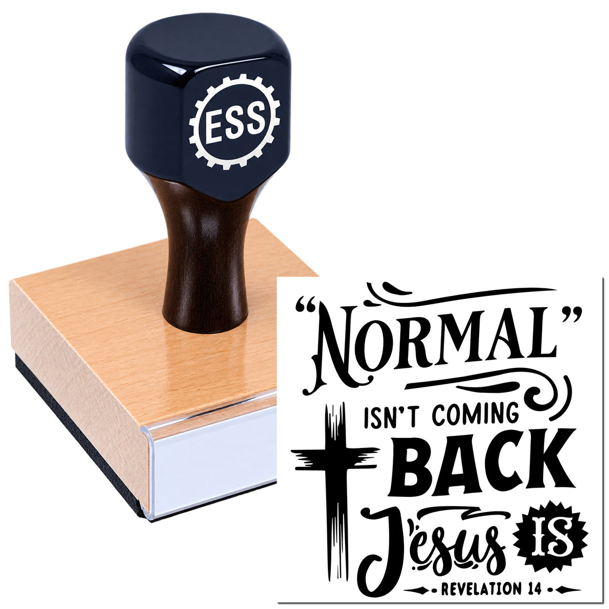 Dark blue ESS rubber stamp on copper seal block, with black "Normal Isn't Coming Back" Jesus seal design.
