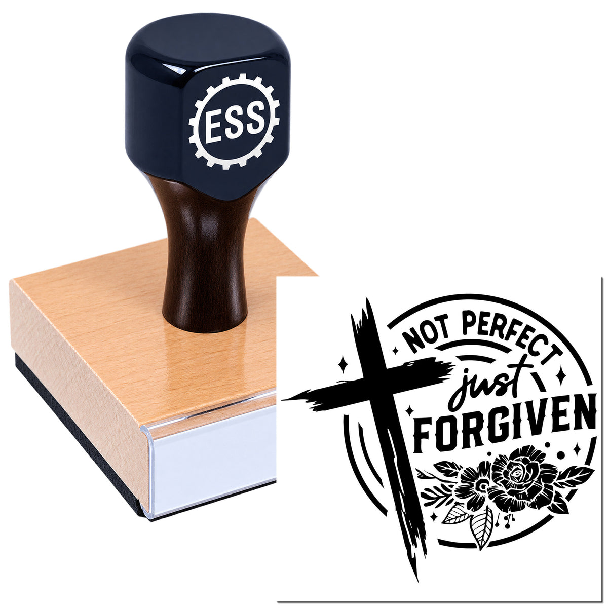 Dark navy rubber stamp on wooden block beside a black "Not perfect, just forgiven" seal design.