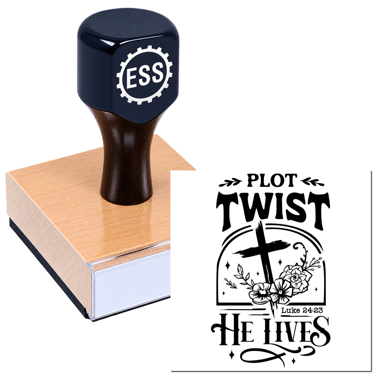 Dark navy ESS rubber stamp on wood block beside black "Plot Twist He Lives" seal with cross and flowers.