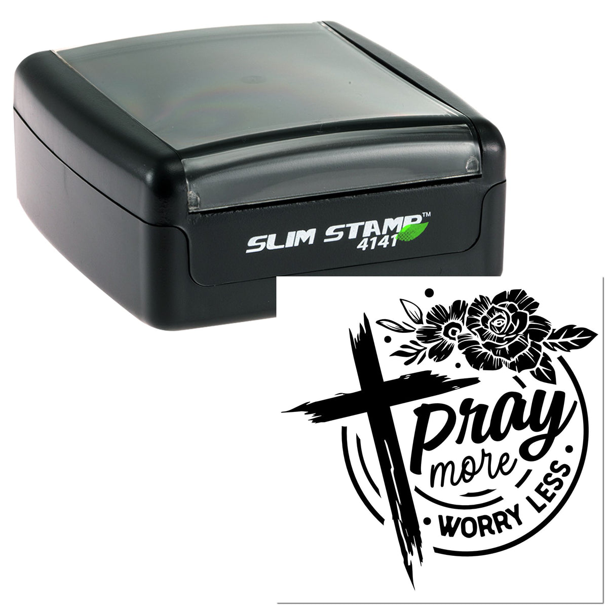 Black Slim Stamp 4141 self-inking stamp with floral cross seal reading Pray more worry less on white background.