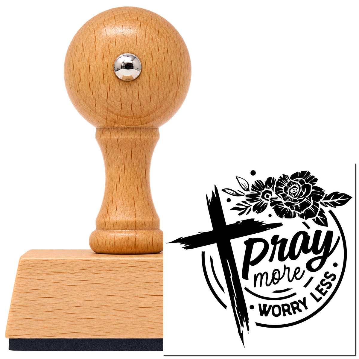 Vintage Pro beech wood stamp with a round knob handle, shown with its black Pray More Worry Less Roses imprint on white.