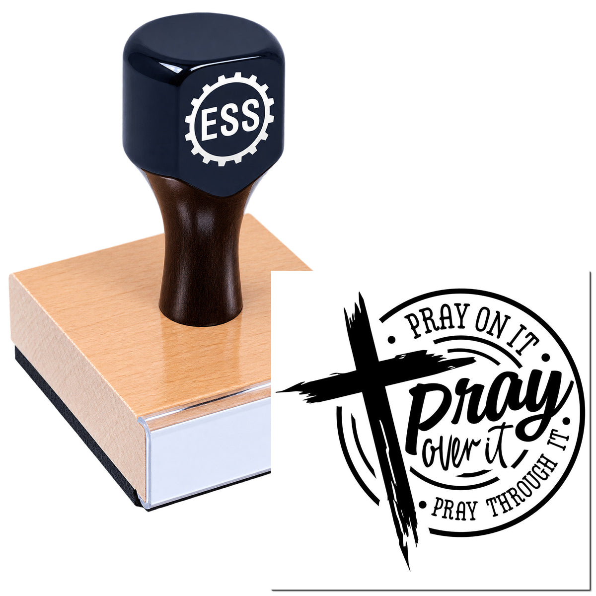 Dark navy rubber stamp with ESS logo on wooden block beside black "Pray on it" church seal design