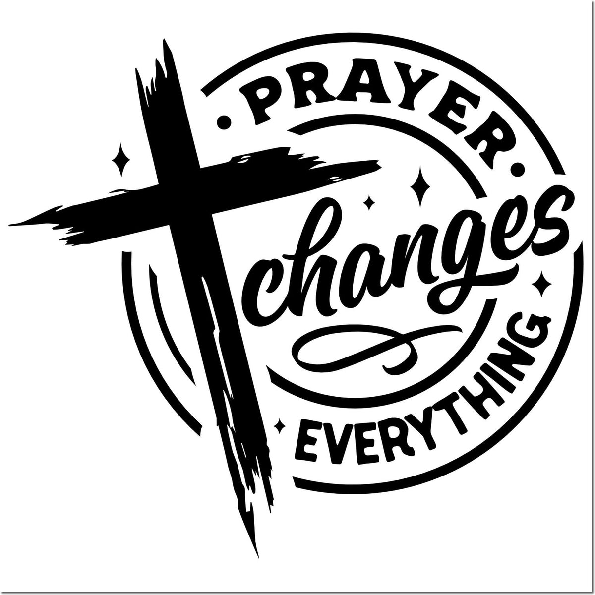 Black prayer stamp seal with bold cross, circular Prayer Changes Everything text, and brush-stroke accents.