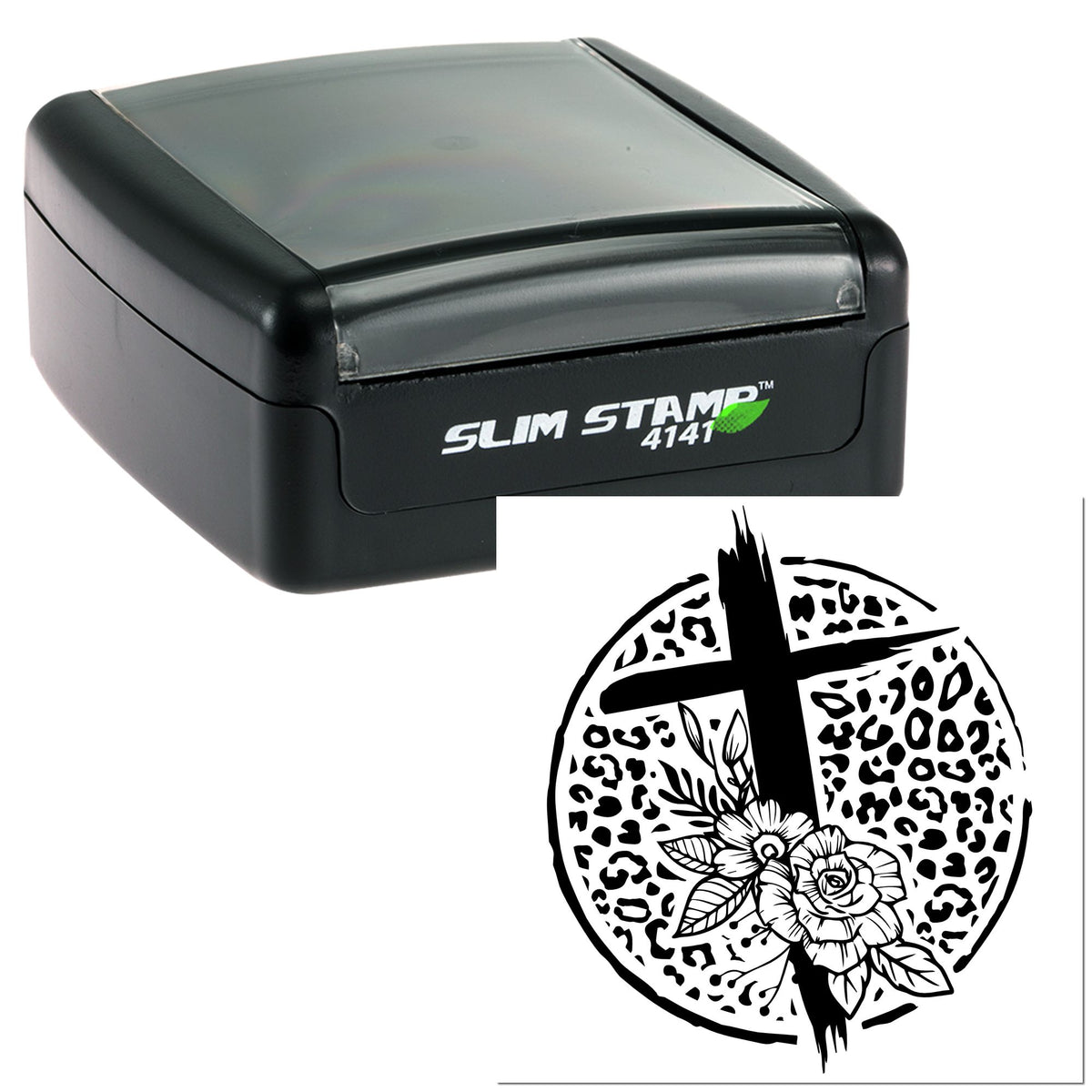Black Slim Stamp 4141 self-inking stamp with translucent gray cover and round floral seal design.