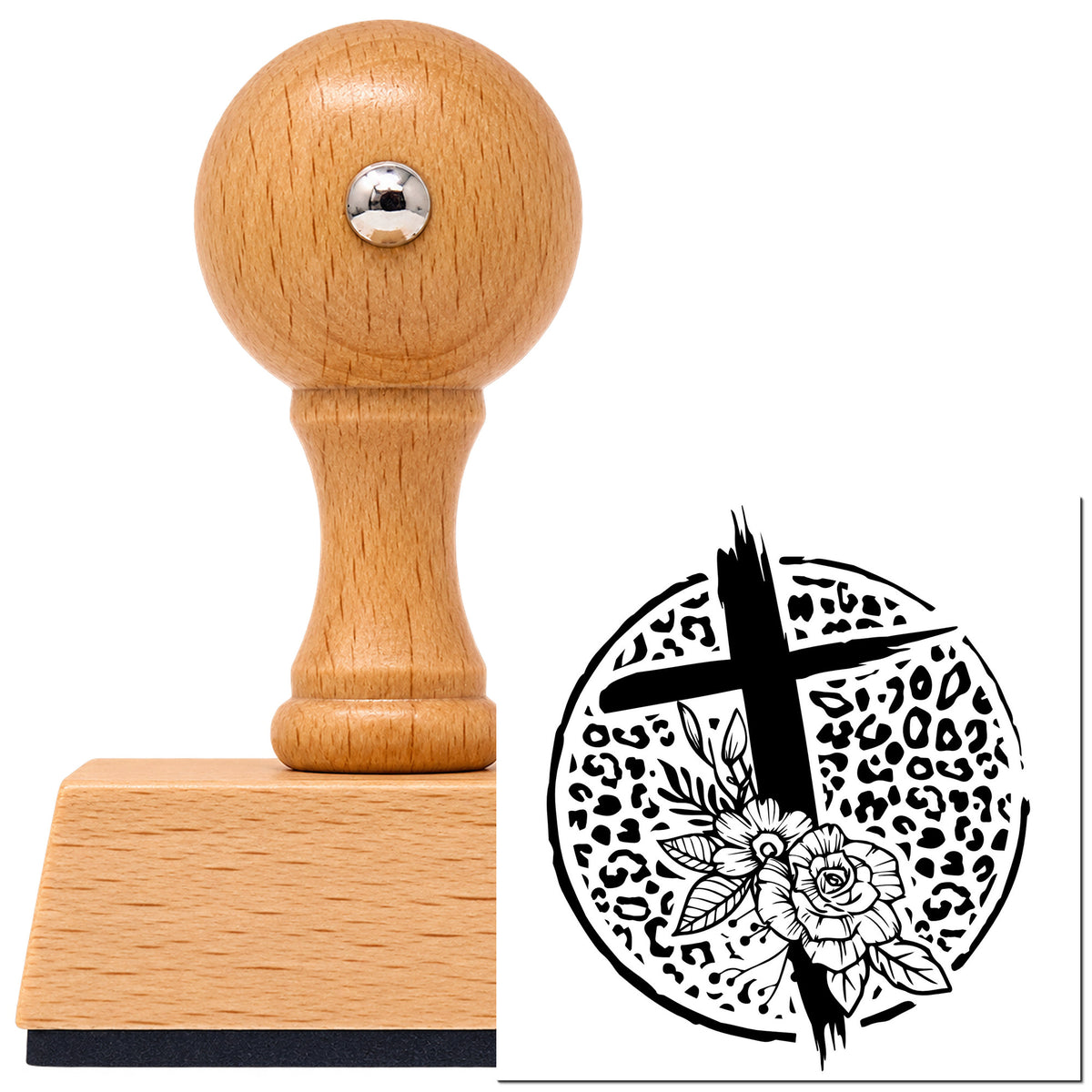 Vintage Pro beech wood stamp with a round knob handle, shown with its black Leopard Floral Cross imprint on white.