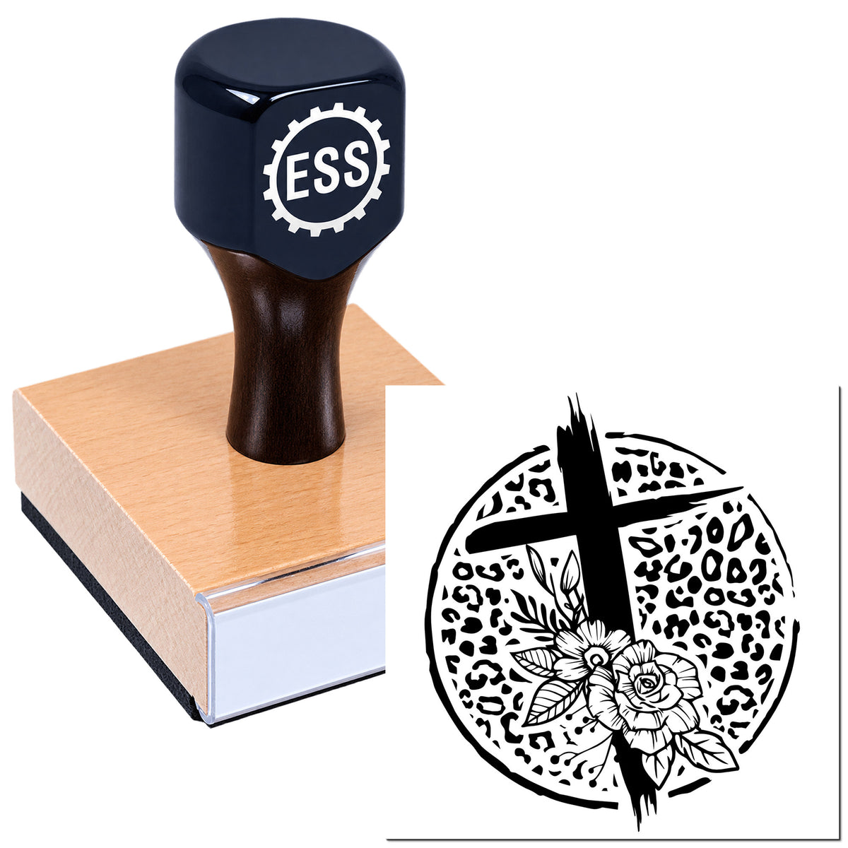 Dark navy ESS stamp on a pink block beside a black circular seal design with floral and leopard-print details.