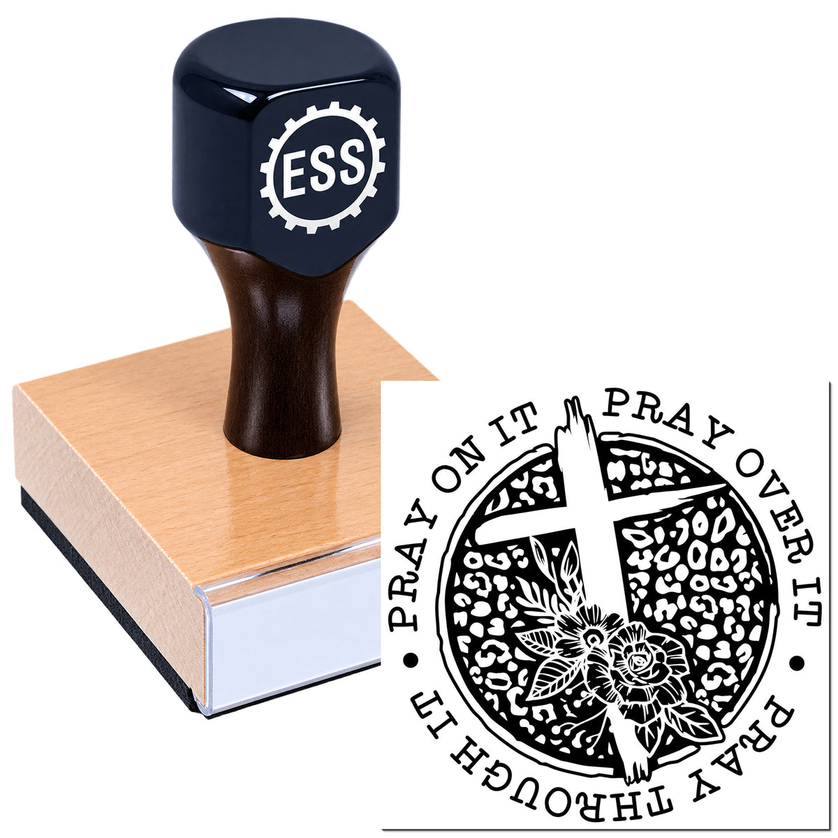 Black ESS stamp head on a pink rubber block with a white circular church seal design reading "Pray It Through".