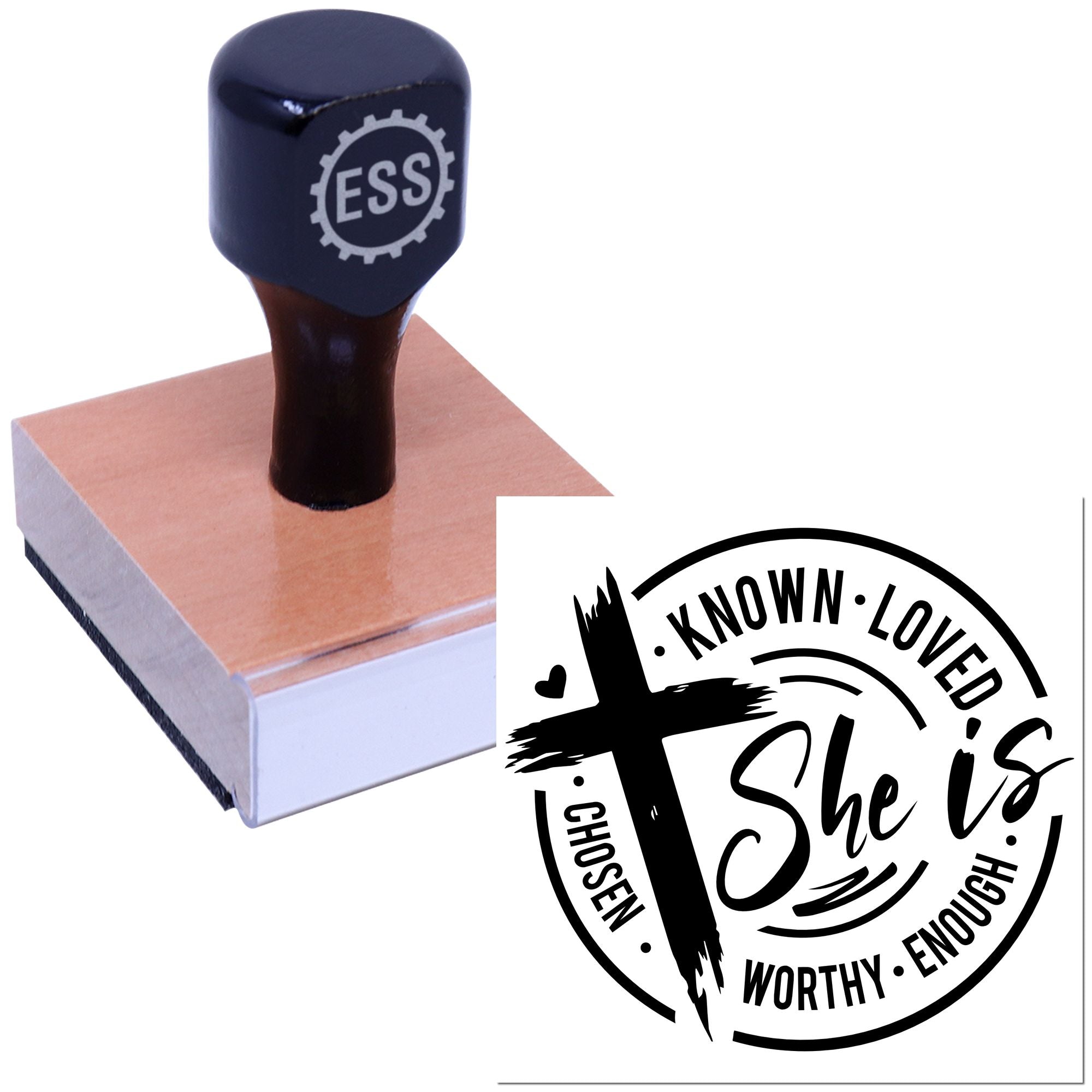 Dark navy ESS self-inking stamp on a wooden block with a black circular seal design reading Known Loved on white.