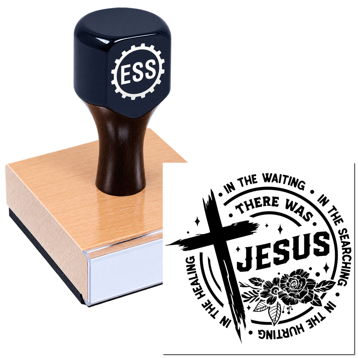 Navy rubber stamp with ESSE logo on copper-toned base, beside a black Jesus seal design with cross and floral details.