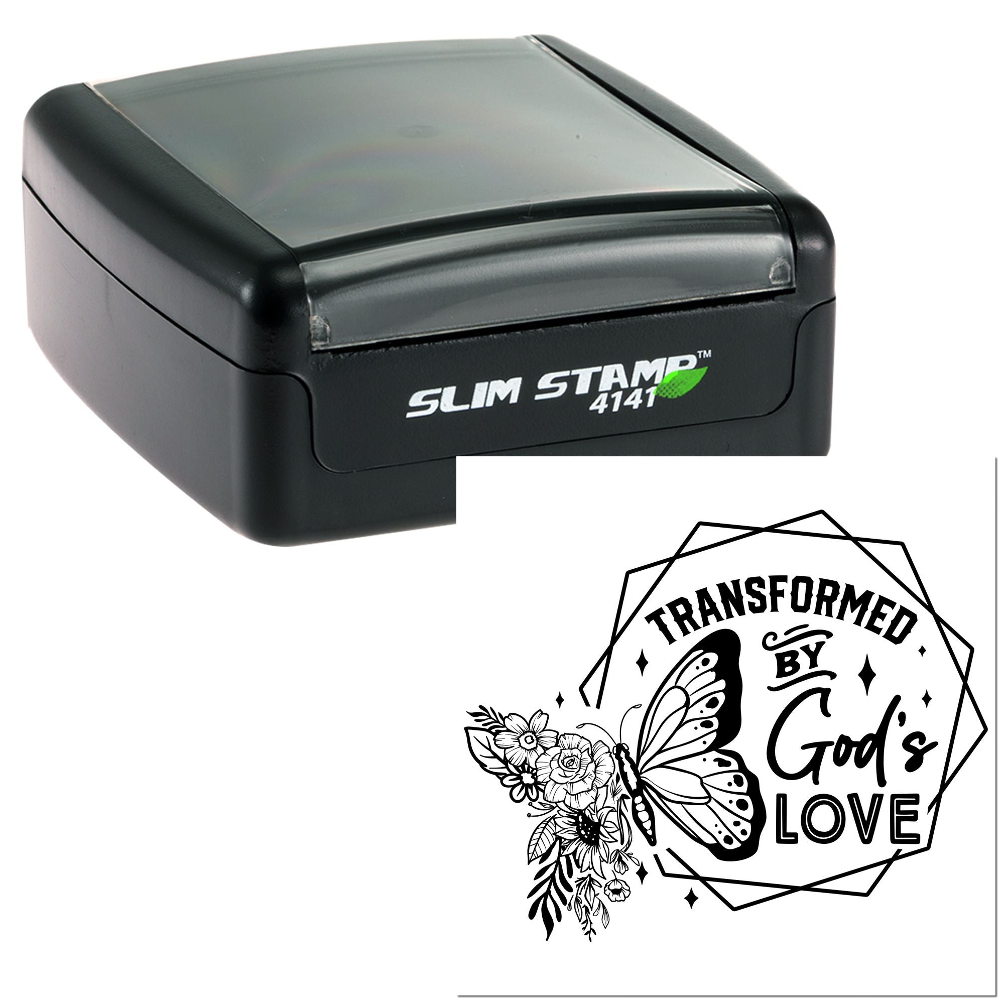 Black slim self-inking stamp with gray top, showing a butterfly-and-flower seal reading Transformed by Gods Love.