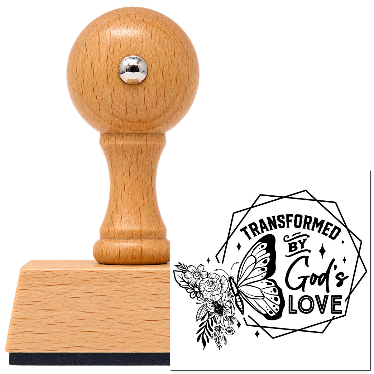 Vintage Pro beech wood stamp with a round knob handle, shown with its black Transformed By God's Love imprint on white.