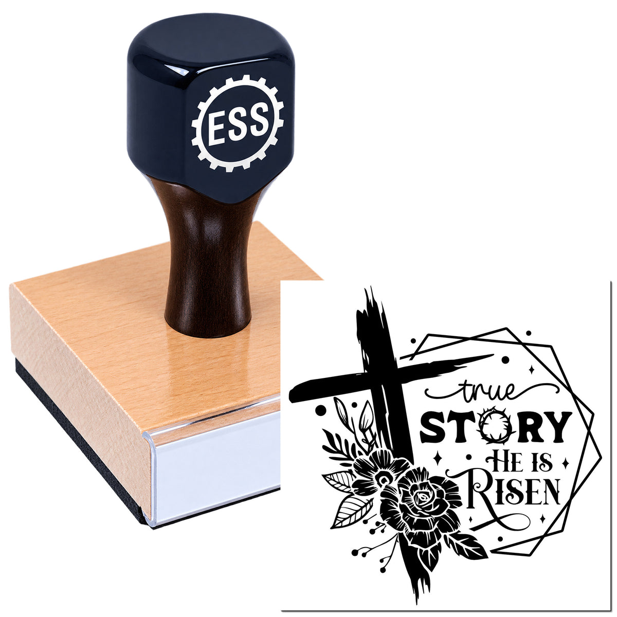 Navy self-inking stamp with ESS logo on a wooden seal block, beside black floral "True Story He Is Risen" imprint.