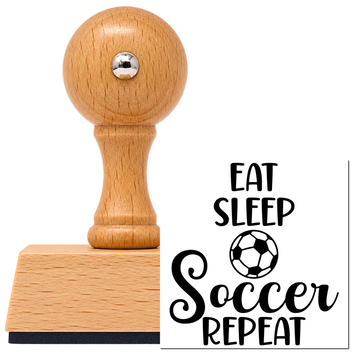 Vintage Pro beech wood stamp with a round knob handle, shown with its black Eat Sleep Soccer Repeat imprint on white.
