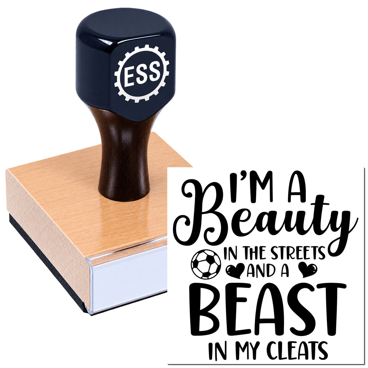 Navy ESS rubber stamp on a pink wooden block beside black "I'm a Beauty in the Streets and a Beast in My Cleats" seal design.