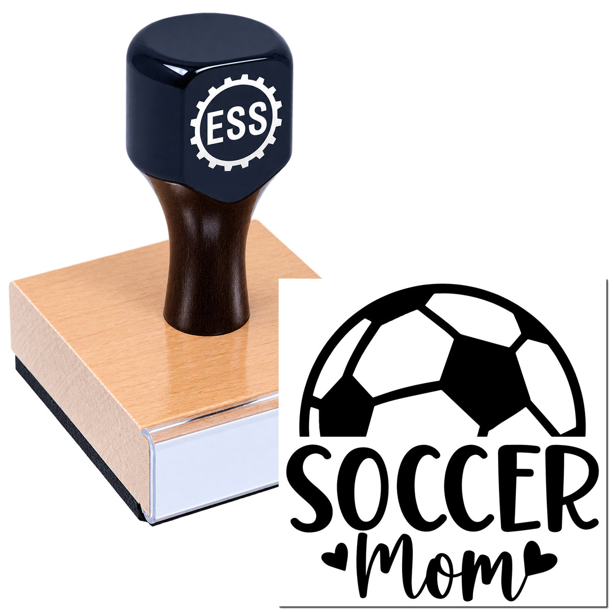 Dark blue ESS stamp on wooden block beside black soccer mom seal with soccer ball logo