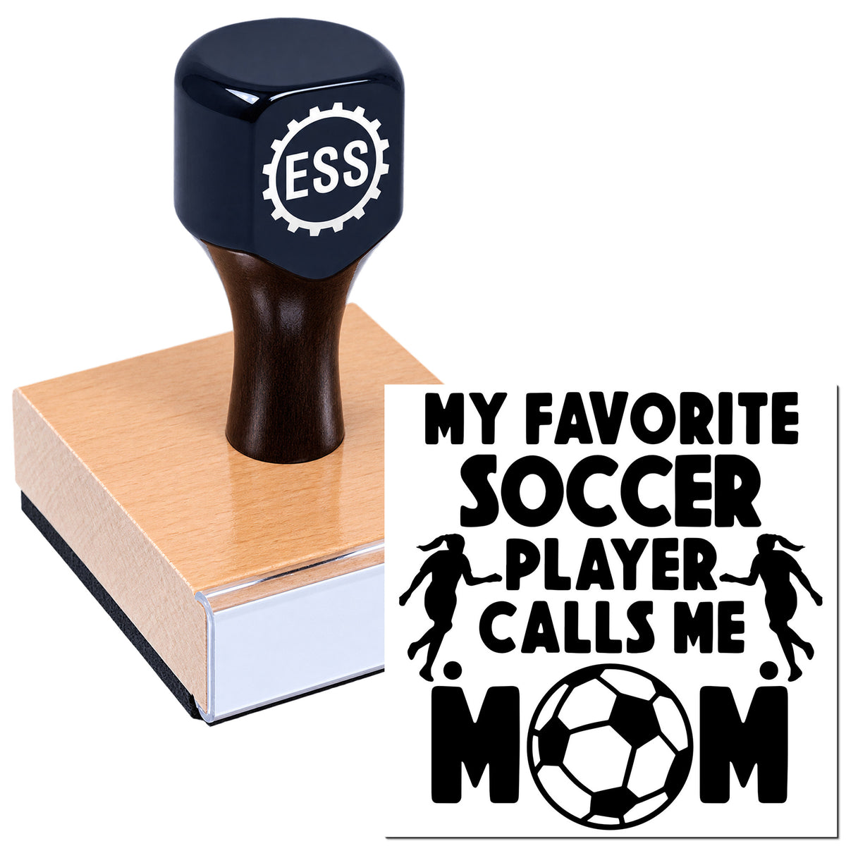 Navy ESS self-inking stamp on a pink block beside a black soccer mom seal design.