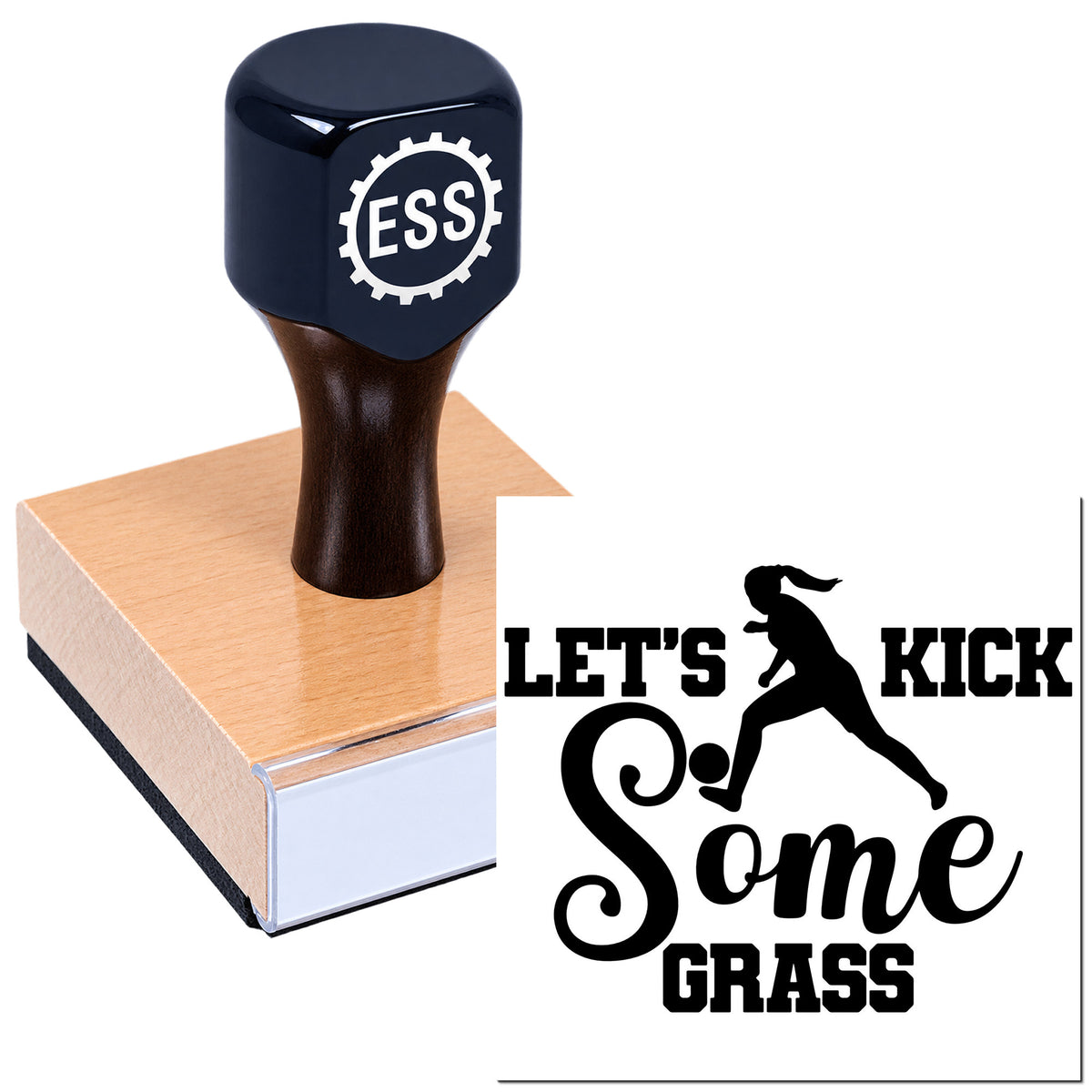 Black custom stamp and seal on wooden block with ESS logo and "Let's Kick Some Grass" golf design.