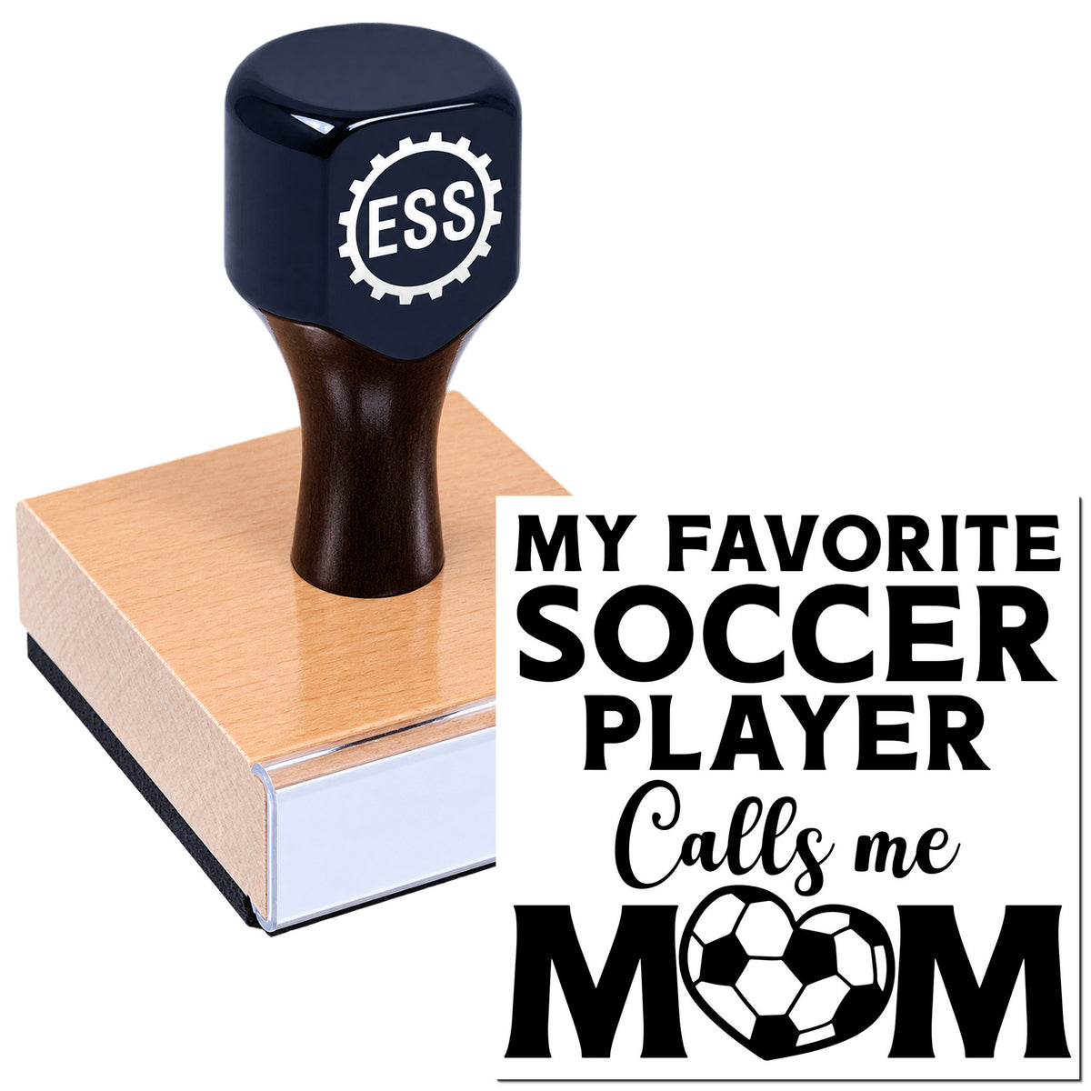 Dark blue ESS seal stamp on wooden block beside black soccer mom text design on white background.