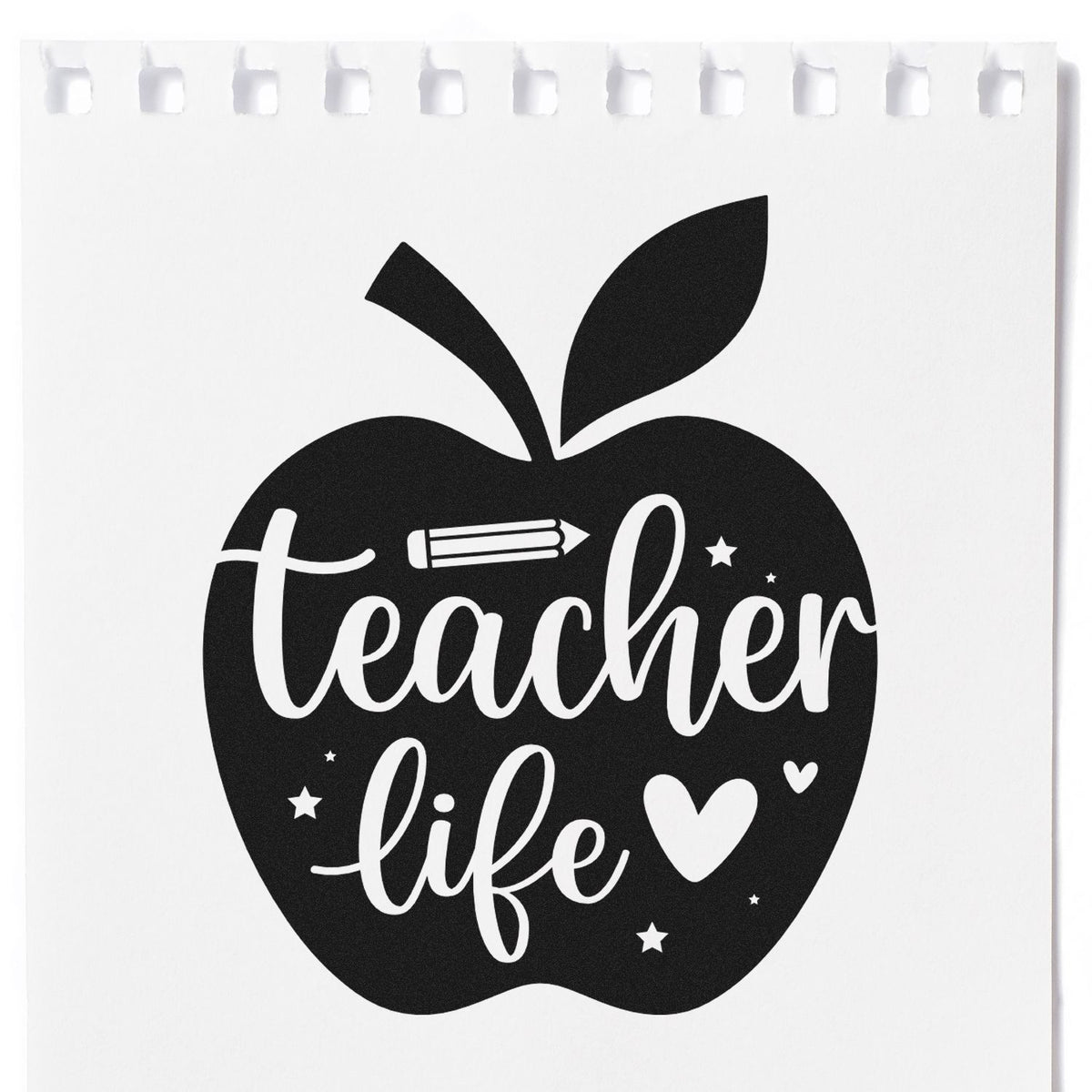 Premium Wooden Teacher Life Apple Pencil Stamp - Vintage Pro imprint stamped in black ink. White "Teacher life" script, a pencil, hearts, and sparkles fill a solid apple silhouette.