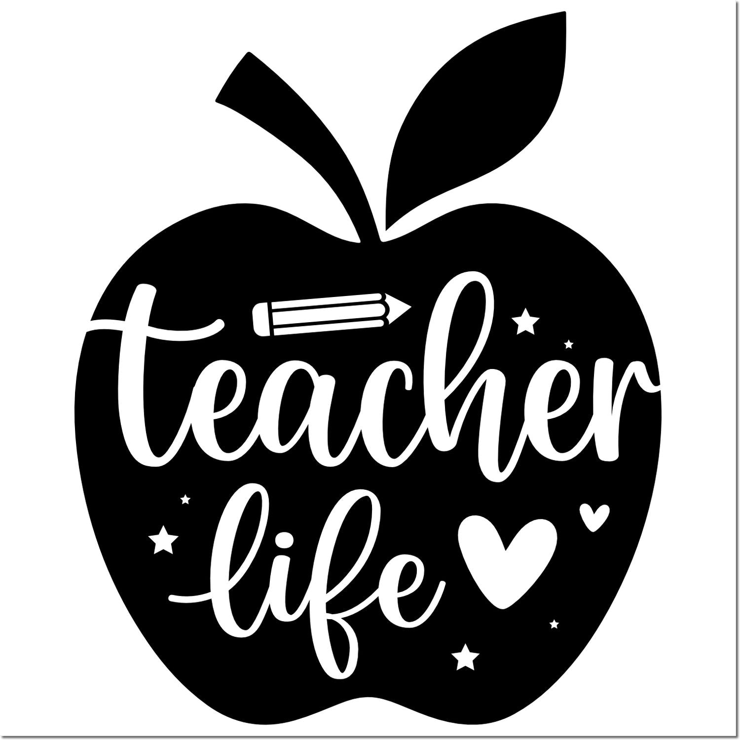Black apple-shaped teacher life stamp seal with white script, pencil, stars, and heart on white background.