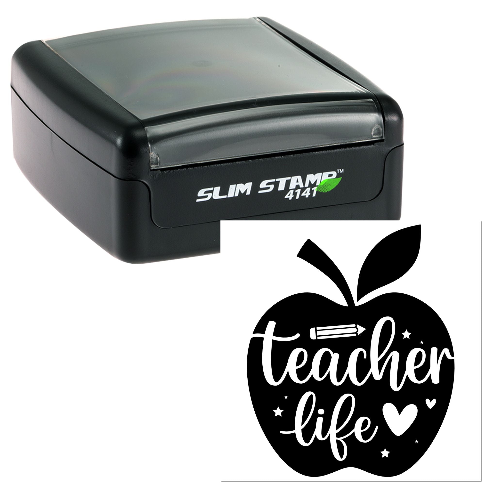 Black self-inking Slim Stamp 4141 with white teacher-life apple seal design