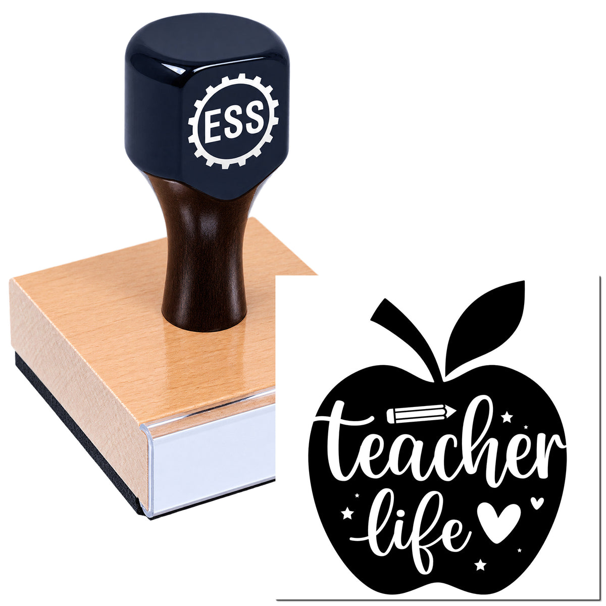 Dark navy ESS rubber stamp on a pink seal block beside a black teacher life apple seal.