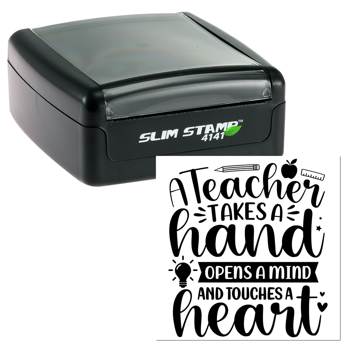 Black Slim Stamp 4141 self-inking stamp with black-and-white teacher seal design and school icons.