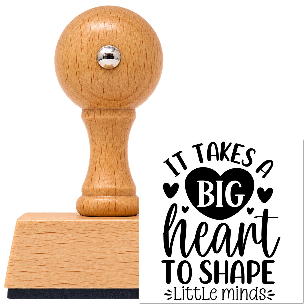 Vintage Pro beech wood stamp with a round knob handle, shown with its black Big Heart Shapes Little Minds imprint on white.