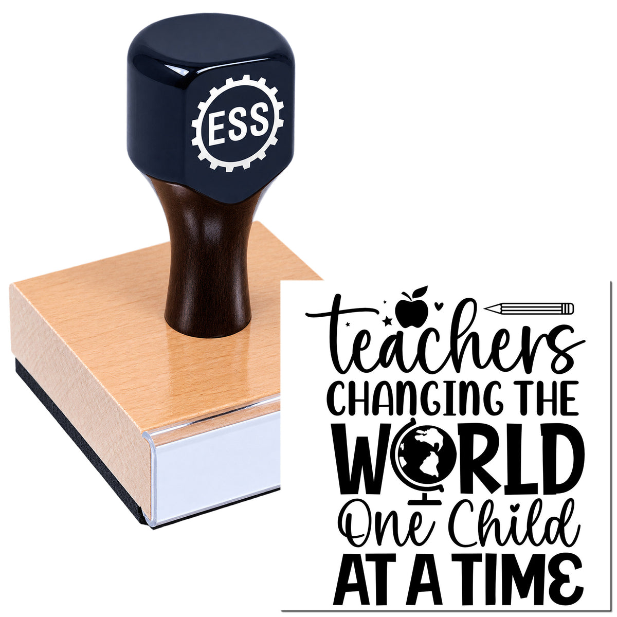 Black ESS stamp on a copper-colored seal block beside a teacher-themed classroom transfer design.
