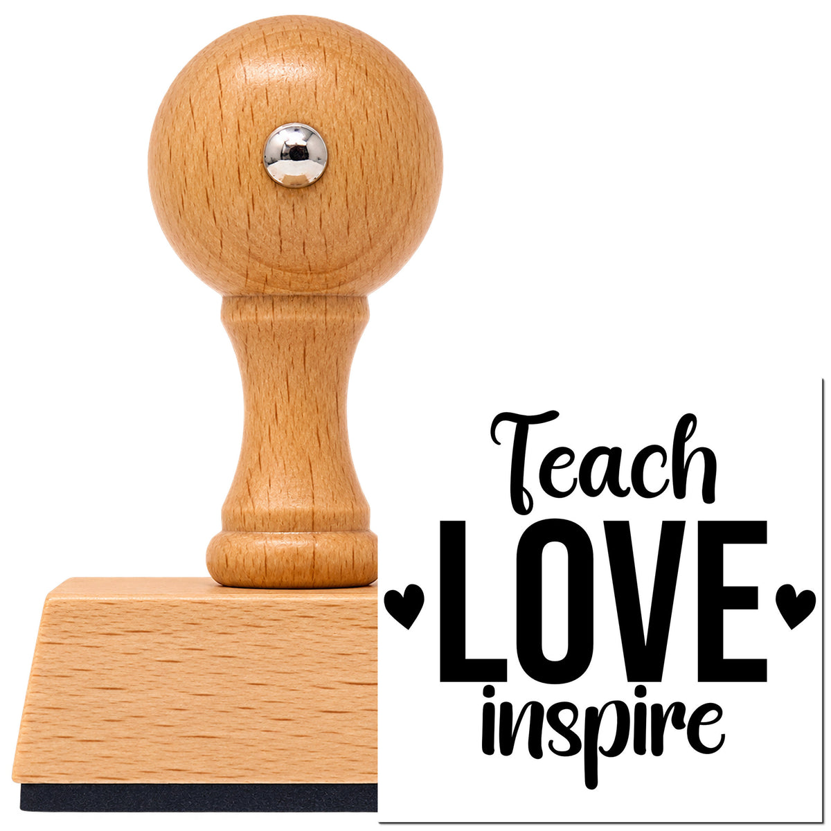 Vintage Pro beech wood stamp with a round knob handle, shown with its black Teach Love Inspire imprint on white.