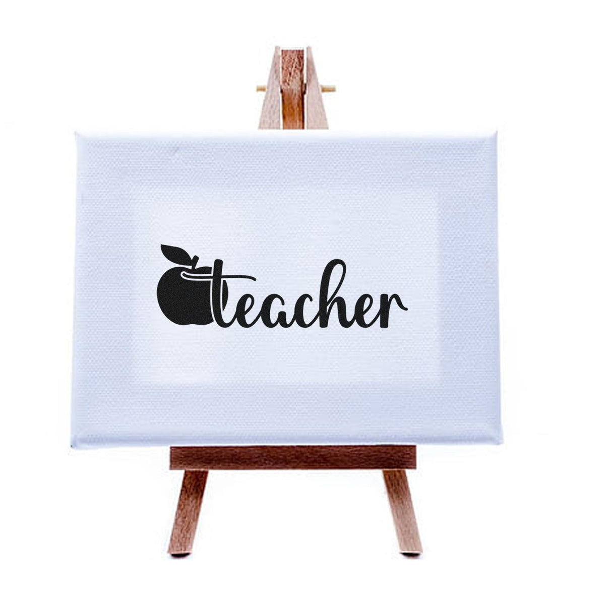 Flowing Teacher Apple Script Stamp - Premium Vintage Pro Wooden imprint stamped in black ink. A solid apple sits beside flowing "Teacher" lettering.