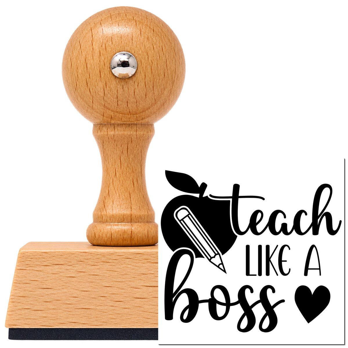 Vintage Pro beech wood stamp with a round knob handle, shown with its black Teach Like A Boss imprint on white.