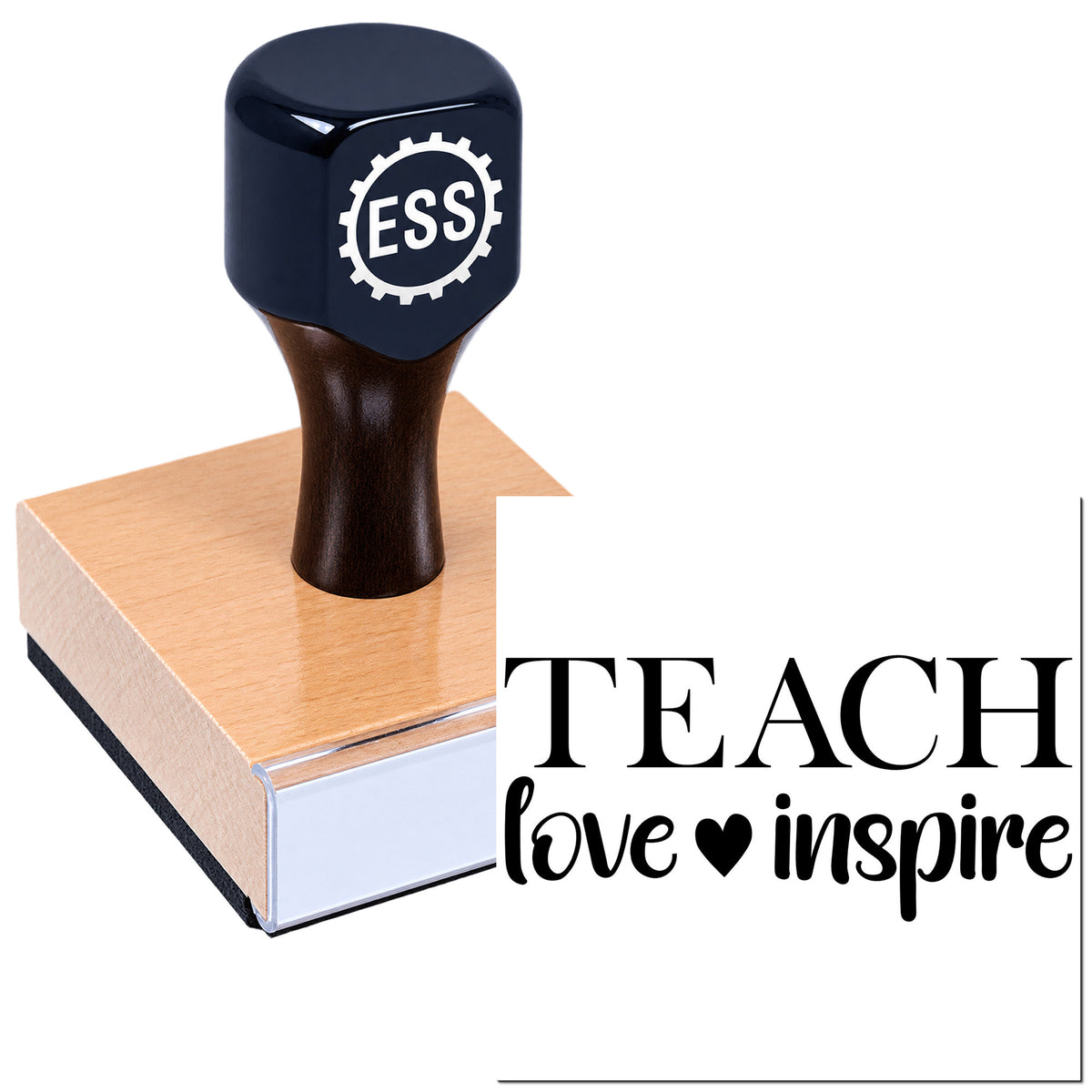 Navy rubber stamp seal on a pink wooden base with "TEACH love inspire" text on a white background.