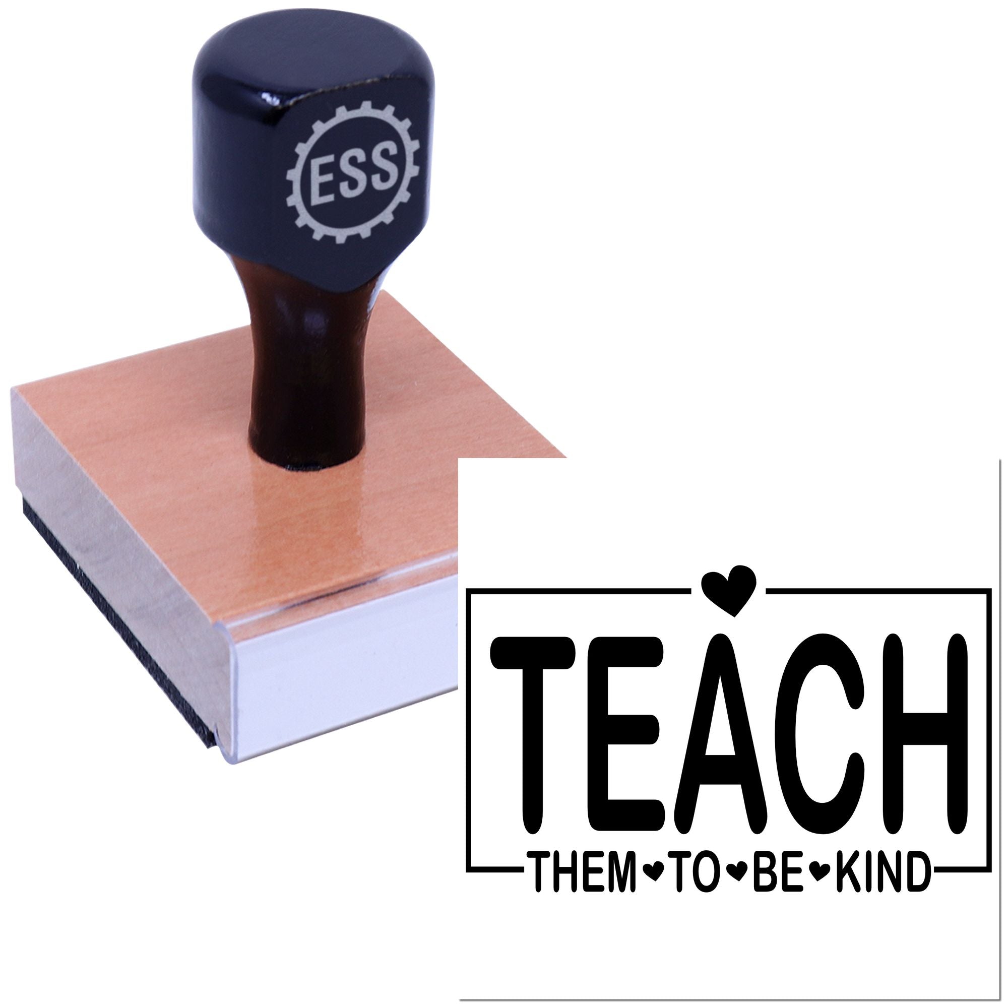 Dark blue ESS rubber stamp and teacher seal with black TEACH THEM TO BE KIND text on white background.