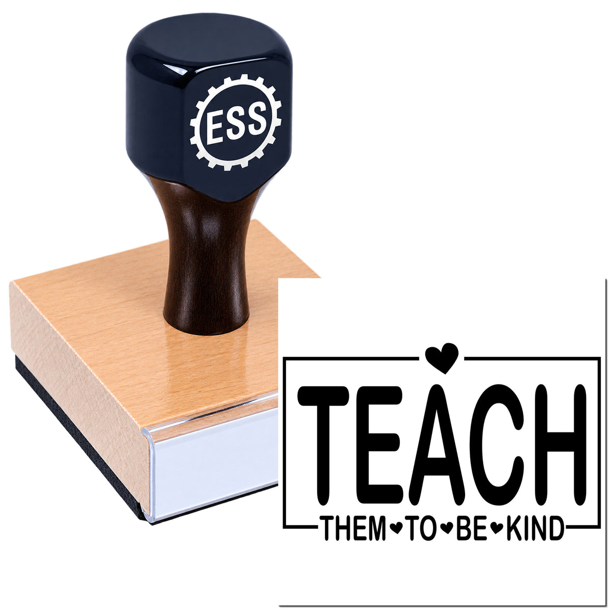 Dark blue ESS rubber stamp and teacher seal with black "TEACH THEM TO BE KIND" text on white background.