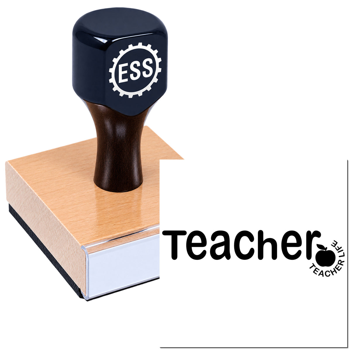 Dark blue-black ESS rubber stamp on a tan wooden base with Teacher text and Teacher Life seal logo