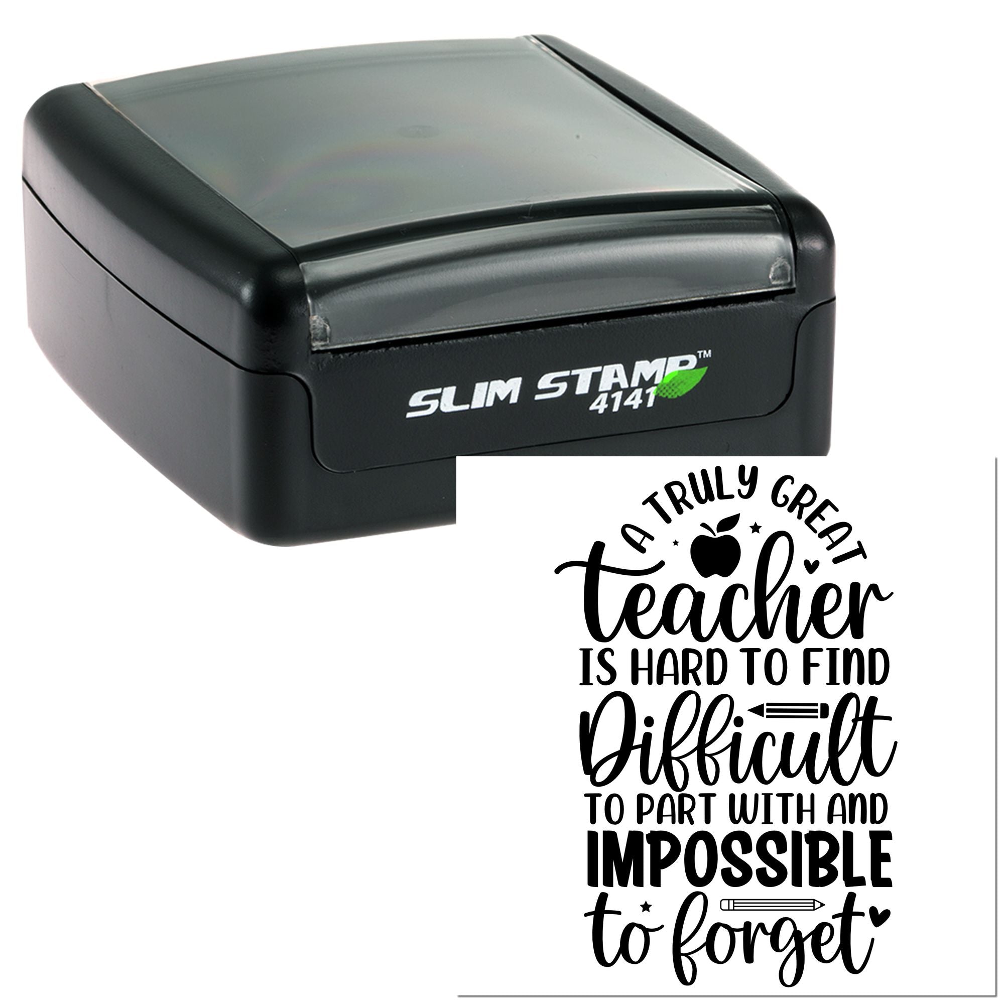 Black self-inking Slim Stamp 4141 and custom teacher seal with black lettering on white background.